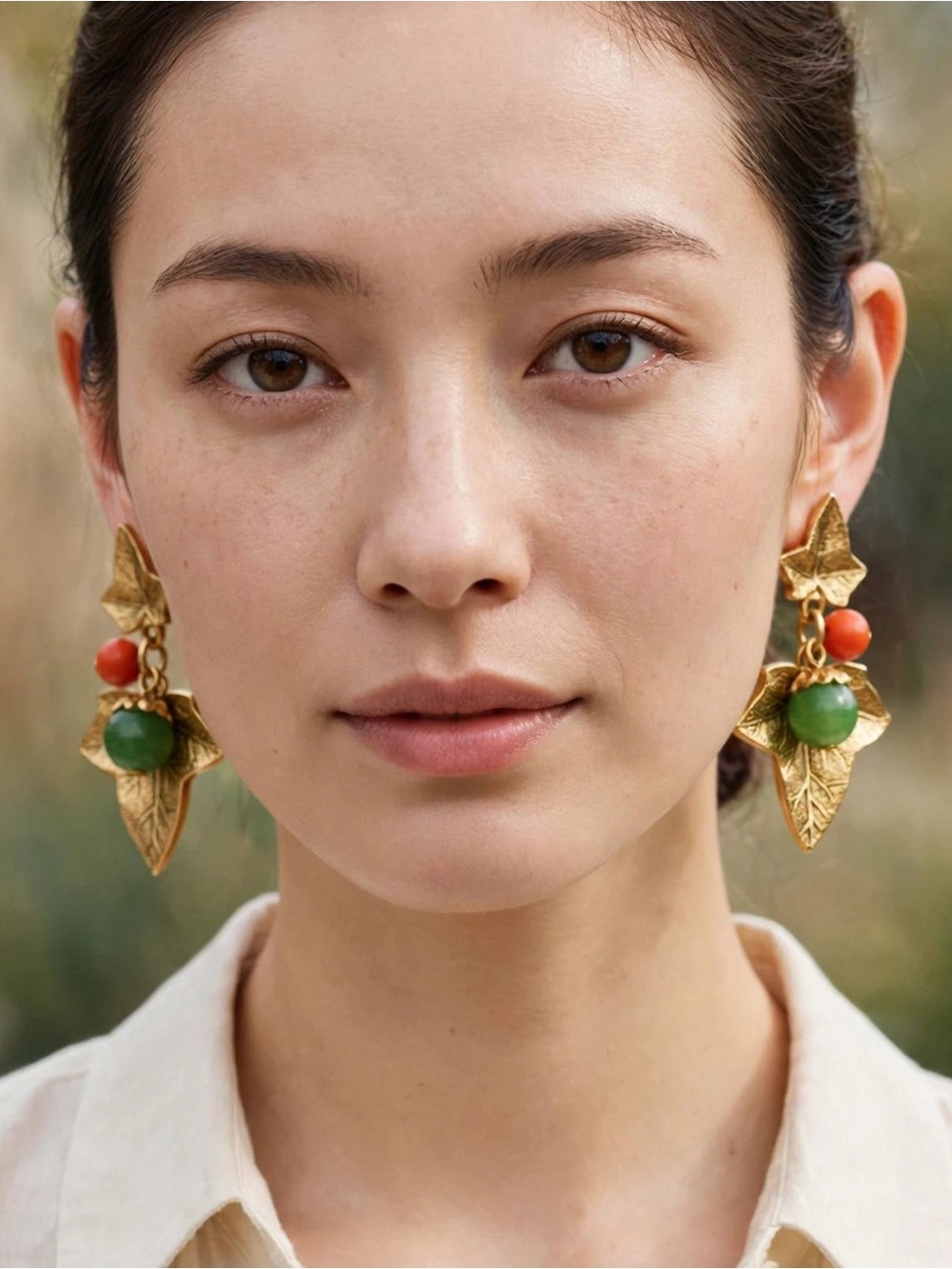 Holiday Holly Drop Earrings with Green and Coral Beads